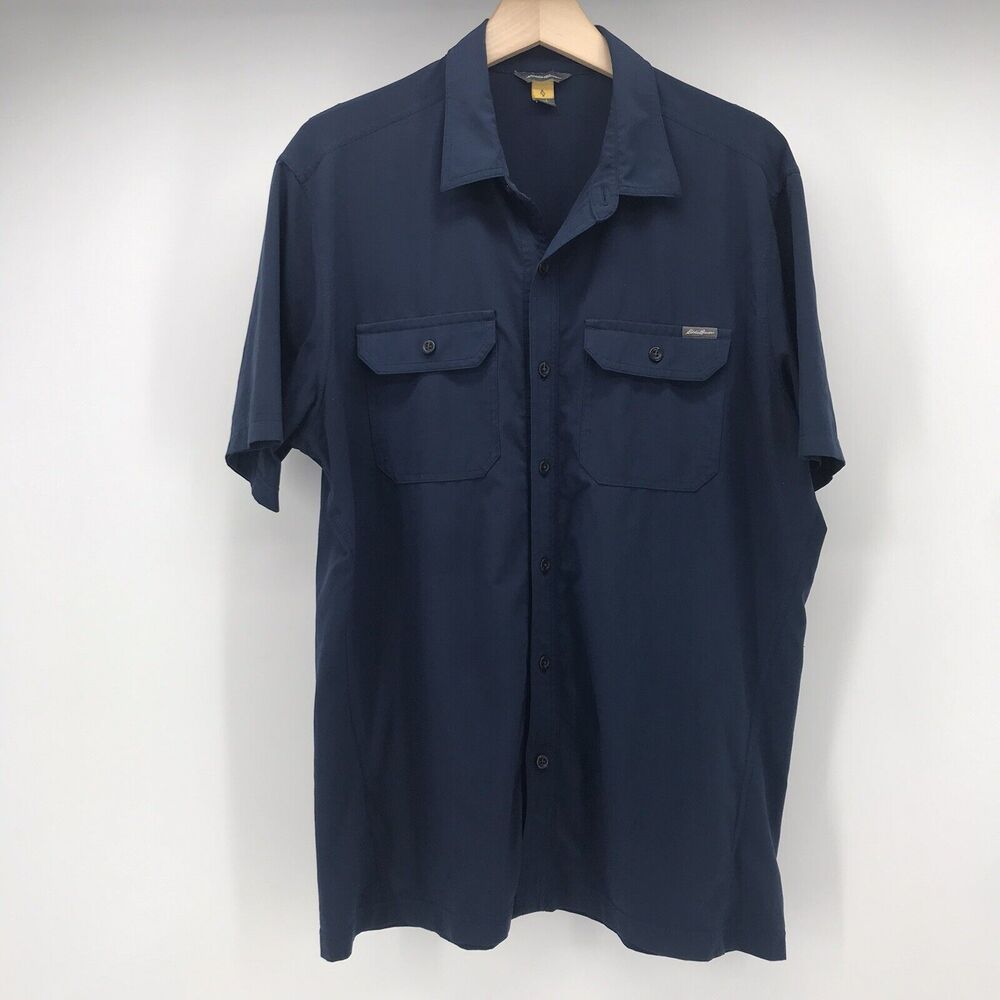Eddie Bauer Shirt Adult L Blue Short Sleeve Button Front Pockets Mens Stretch